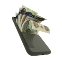 3D rending of 1000 United Arab Emirates dirham notes inside a mobile phone isolated on transparent background, Emirati Dirham png