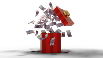 3D rendering of A lot of 500 Euro notes coming out of an opened red gift box. Money flying out of box png