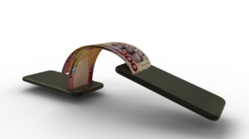 Representación 3d de billetes de cedi ghanés que se transfieren de un teléfono a otro. concepto de transacción de dinero móvil. dinero saliendo del telefono movil png