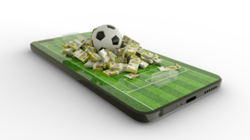 renderização 3D de apostas de futebol para celular. notas de futebol e euro na tela do telefone. campo de futebol na tela do smartphone. apostar e ganhar o conceito png