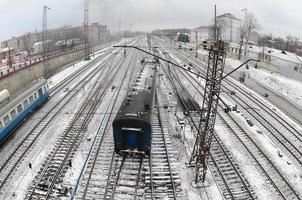 Kharkiv landscape with railroad tracks near the South Railway Station. Fisheye photo with artistic distortion