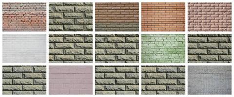A collage of many pictures with fragments of brick walls of different colors close-up. Set of images with varieties of brickwork photo