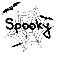 Black Word Spooky with Eyes Bats and Spider Webs, Premium Vector