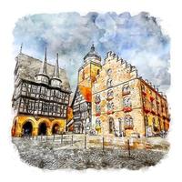 Marktplatz Alsfeld Germany Watercolor sketch hand drawn illustration vector