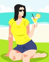 ilustración de una mujer hermosa con vasos disfrutando de un trago de jugo de naranja en la playa. concepto de verano, estilo de vida, belleza, etc. ilustración vectorial plana vector