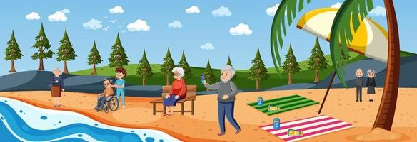 Beach scene with senior people on vacation vector