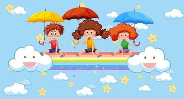 Happy kids in in the sky with rainbow vector