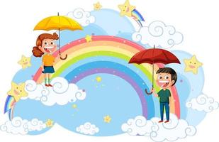 niños felices con arcoiris vector