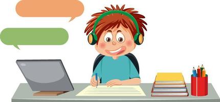 A boy studying online with tablet vector