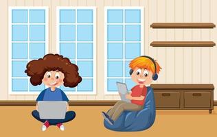 niños aprendiendo en línea en casa vector