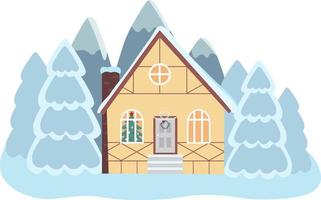 Vector illustration of isolated decorated buildings, New Year and Christmas houses on nature background. Holiday and celebration, winter architecture