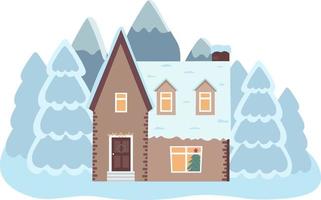 Vector illustration of isolated decorated buildings, New Year and Christmas houses on nature background. Holiday and celebration, winter architecture