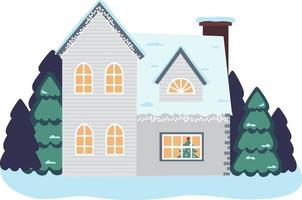 Vector illustration of isolated decorated buildings, New Year and Christmas houses on nature background. Holiday and celebration, winter architecture