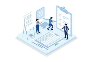 People Character Holding Pencil and Putting Check Mark on Checklist in Survey Form. Notebook and Memory Stickers. Business Organization and Planning Concept, isometric vector modern illustration