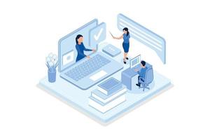Student Learning Online at Home. Character Sitting at Desk, Looking at Laptop and Studying with Smartphone, Books and Exercise Books. Online Education Concept, isometric vector modern illustration