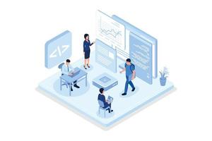 Character Developing new Software on Laptop. Freelance Developer Programming, Coding Program Code Remote at Home. Development Process Concept, isometric vector modern illustration