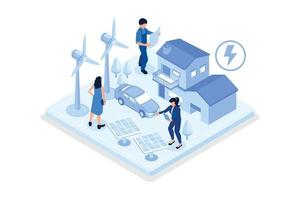 personaje que usa tecnología de red inteligente para controlar su casa inteligente con generadores de electricidad eólica, paneles solares y automóviles eléctricos. energía renovable y ecológica, ilustración moderna vectorial isométrica vector