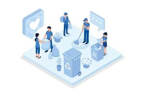 People characters collecting trash into recycling garbage bin. Woman and man taking out the garbage. Waste pollution problem concept, isometric vector modern illustration