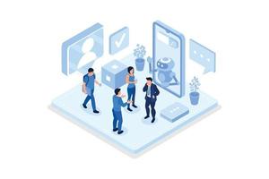 Customers having dialog with chatbot on smartphone. Characters chatting with robot, asking questions and receiving answers. AI assistant support and FAQ concept, isometric vector modern illustration