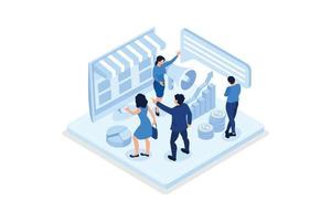 Digital marketing 3d isometric illustration. Character standing near laptop with Loudspeaker on it. Public relation, digital marketing and media concept, isometric vector modern illustration