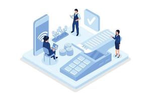 Customer Purchasing and Tapping Credit Card on Point of Sale Terminal. Wireless and Contactless Payment Method. NFC Technology Concept, isometric vector modern illustration