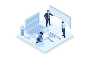 Character pointing on survey form with five star positive customer review. Online feedback, survey or review concept, isometric vector modern illustration