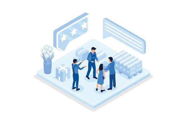 Delivery Man standing near Door and Giving Parcel Box to Customer. Courier in Uniform Delivering Package. Man Holding Cardboard Box. Online Delivery Service Concept,