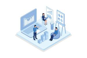 Characters analyzing stock market data and planning investment strategy. People examining financial graphs, charts and diagrams. Stock trading concept, isometric vector modern illustration