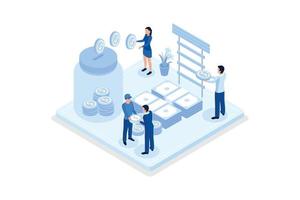 People Characters Donate Money for Charity. Volunteers Collecting and Putting Coins And Banknotes in Donation Jar. Financial Support and Fundraising Concept, isometric vector modern illustration
