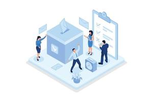 People Characters Putting Ballot Into Voting Box. Women and Men Choosing Candidate at Vote Polling Station. Election Campaign and Referendum Concept, isometric vector modern illustration