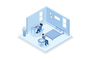 Woman Working at Home Office. Character Sitting at Desk in Room, Looking at Computer Screen and Talking with Colleagues Online. Home Office Concept, isometric vector modern illustration