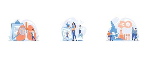 Huge magnifier showing cancer in the lungs and doctor with document folder, Plastic surgeon with a suction tube doing liposuction of woman marked body parts, Scientist on microscope vector
