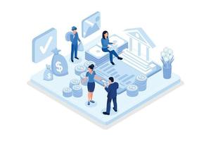 Coins and banknotes lying near government finance department or tax office column building. Public finance audit concept, isometric vector modern illustration