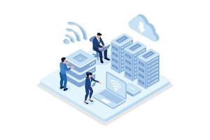 monitoreo de caracteres almacenamiento de grandes datos conectado con el servicio de computación en la nube. sala de la granja de servidores. concepto de tecnología de alojamiento en línea, ilustración moderna de vector isométrico