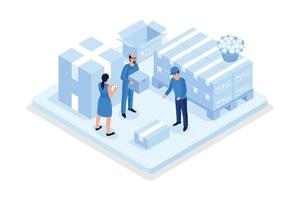 Ready for transportation carton boxes stack standing on floor. Different personal stuff packed in boxes. House moving and relocation services concept, isometric vector modern illustration