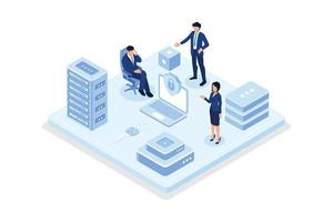 Laptop with Security Connection to Data Center and to External Hard Drive. Cyber Security Service for Personal Data Protection. Online Hosting Technology Concept, isometric vector modern illustration