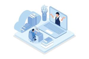 Student learning online at home. Character sitting at desk, looking at laptop and studying with smartphone, books and exercise books. Online education concept, isometric vector modern illustration