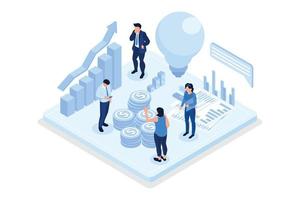 People Characters having new Finance Management Creative Ideas. They Standing near Light Bulb with Graphs, Charts and Diagrams. Financial Innovation Concept, isometric vector modern illustration