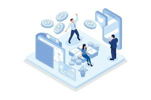 People character standing near big wallet, sending and receiving Money by smartphone. Money transfer and payment transaction in online banking mobile app, isometric vector modern illustration
