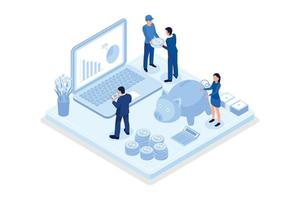 Character typing on laptop with financial report on screen. Accountant managing budget and making savings. Saving money and economy concept, isometric vector modern illustration