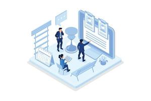 Characters looking at resume and choosing candidate for job. Hr managers searching new employee. Recruitment process. Human resource management and hiring concept, isometric vector modern illustration