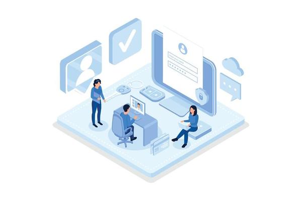 Character Hand holding Smartphone with Sms Authentication Key and typing Password on Laptop with Online Login Form on Screen. Secure User Authorization Concept, isometric vector modern illustration