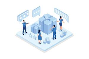 People Characters Receiving Online Reward. Woman and Man Standing near Gift Box and Collecting Cash Back Bonuses. Loyalty and Referral Marketing Program Concept, isometric vector modern illustration