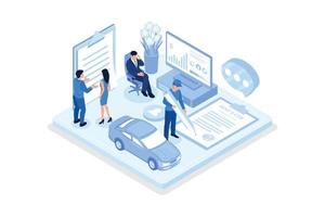 Man Character Buying or Renting Car and Signing Auto Insurance Policy Form. Insurance Agent or Salesman providing Security Document. Auto Care and Protection Concept,