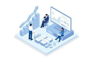 Characters analyzing financial data and planning investment strategy. People examining financial graphs, charts and diagrams. Financial management concept, isometric vector modern illustration