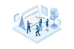 People Characters Filling Planning Schedule. Man and Woman Left Notes, Manage and Organize their Work and Time. Business Plan and Time Management Concept, isometric vector modern illustration
