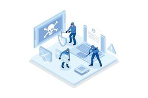 Hackers Hacking Information from Laptop and Stealing Personal Data, Credit Card and Password. Identity Theft, Cyber Crime and Internet Criminal Concept, isometric vector modern illustration