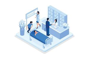 Hospital Building and Ambulance Car. Stethoscope and Medicament Bottles lying around. Health Care Services and Online Medicine Concept, isometric vector modern illustration