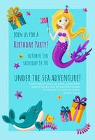 Birthday invitation card with dolphin, mermaid and starfish. Ready-made invitation design with presents and flags. Vector illustration in flat style.