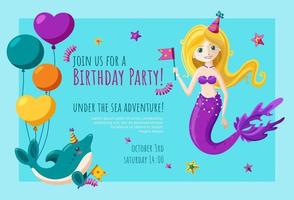 Birthday invitation card with dolphin and mermaid. Ready-made invitation design. Vector illustration in flat style.